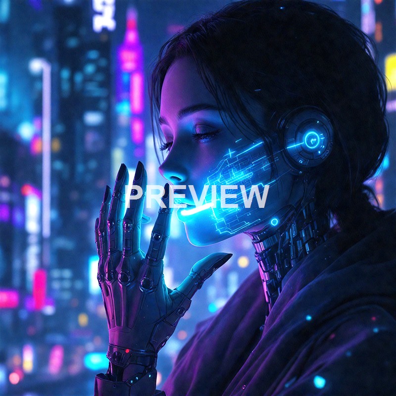 A futuristic cybernetic woman with digital enhancements on her face and hand, set against a neon-lit cityscape background.